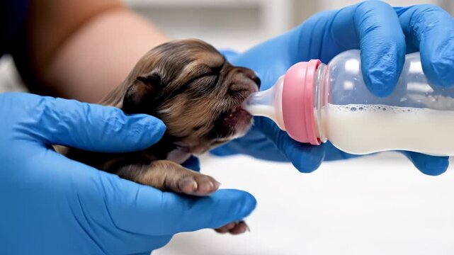 Newborn Puppy Bottle Feeding with Gloves. Suitable for neonatal puppy care, animal rescue operations, veterinary neonatal education, and orphaned pet nurturing content.