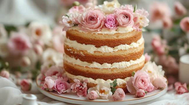 Elegant Naked Wedding Cake Decorated with Pink Roses and Fresh Flowers