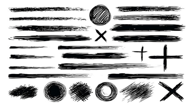 Hand Drawn Marker Underline and Strikethrough Strokes Collection. Black Ink Scribble Lines, Circle Highlights, Cross Marks and Brush Emphasis Elements. Vector Illustration Stock Vector