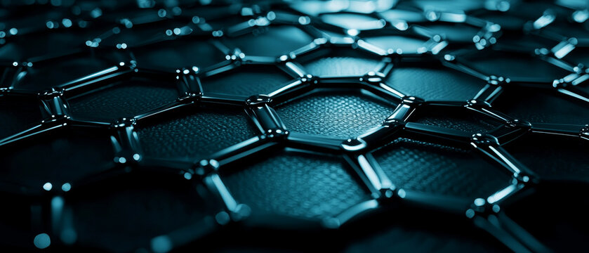 Dark blue metallic hexagonal grid pattern on a textured background, with bright reflections and bokeh, creating an abstract molecular feel