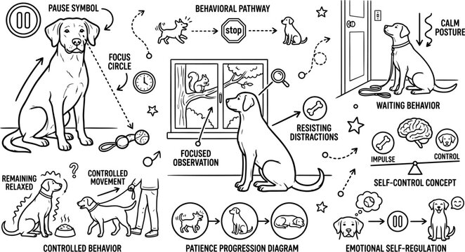 hand drawn dog training and behavior doodle collection with positive reinforcement obedience emotional regulation and pet care education sketch vector illustration