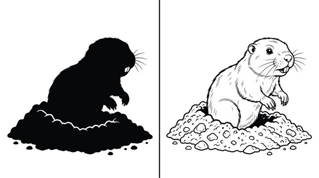 Groundhog Set with a Black Silhouette and an Outlined Line Art Design Standing in a Dirt Mound