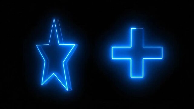 Glowing blue neon star and plus sign on a dark background