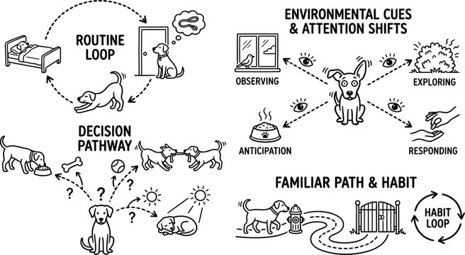 hand drawn dog behavior routine doodle infographic with habit formation decision pathways environmental cues training progress and pet learning vector illustration