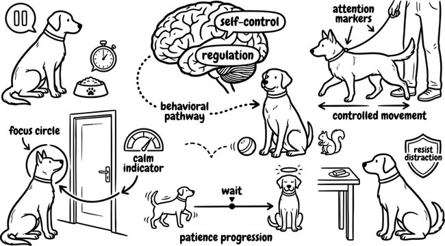 hand drawn dog behavior training doodle collection with focus exercises self control obedience conditioning and positive reinforcement sketch vector illustration