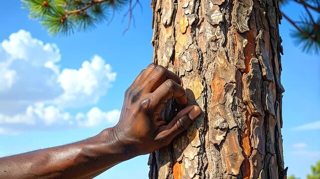 A person touching the rough bark of a tall pine tree