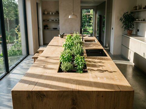 Modern wooden kitchen island with integrated fresh herb garden.