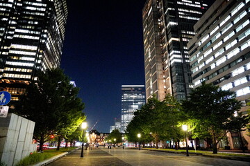 夜の都市街路。高層ビルの明るい窓が並び、歩行者用の道を照らす街灯と緑の木々が広がる。 © BRUCE