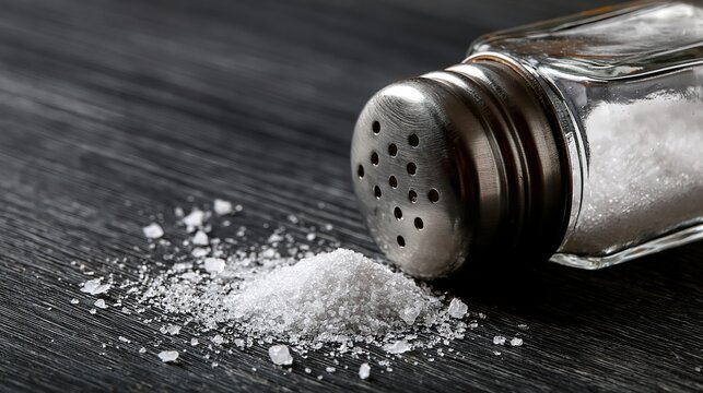 Salt shaker rests by spilled salt on a dark table, with some parts clearer than others.