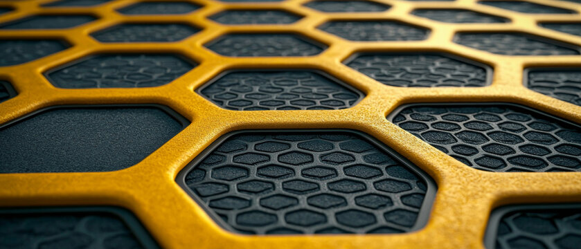 Detailed abstract geometric pattern: a yellow hexagonal grid layered over dark textured panels, some with honeycomb mesh