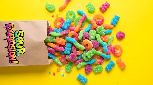 Colorful sour corn puff snacks spilling from a 'Sour Explosion' paper bag on yellow background