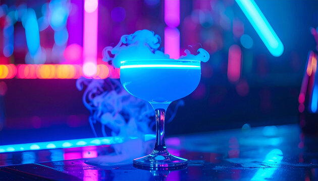 Glowing neon-blue cocktail in glass with smoke effect, nightclub environment, colorful lasers blurred in background, cyberpunk aesthetic. Tasty drink. Delicious beverage. Close-up.