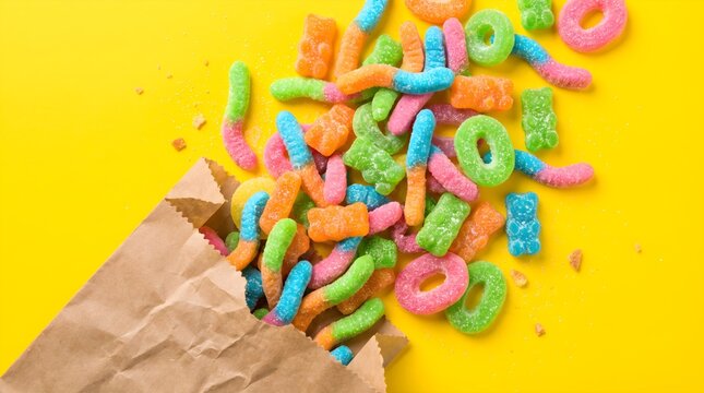 Colorful corn puffs spilling from a paper bag on yellow background