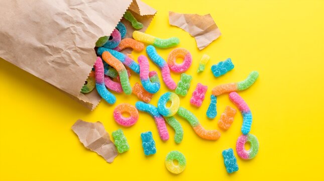 Colorful corn puff snacks spilling out of a paper bag on yellow background