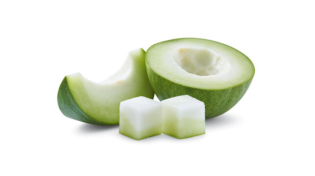 High-resolution studio shot of fresh green winter melon featuring a halved piece, a curved slice, and perfectly diced cubes isolated on a clean white background