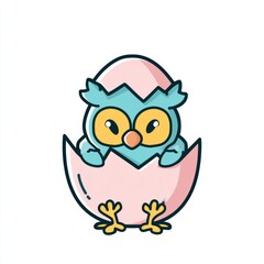 Fototapeta premium A baby owl chick emerges from a pink egg in a bright and cheerful spring scene perfect for Easter festivities, showcasing vibrant colors