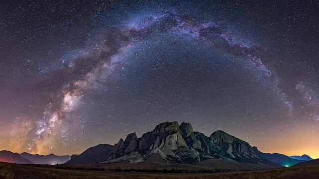 A bright arching over a dark mountain range at night