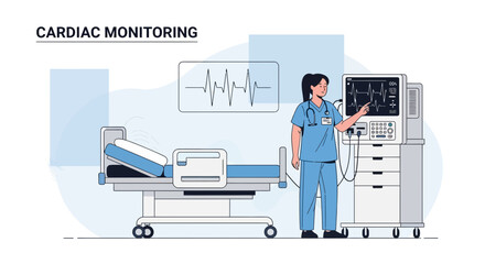 Fototapeta premium Nurse Monitors Cardiac Patient on Bed with ECG Machine in Hospital Room