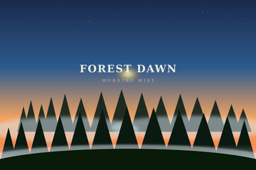 Obraz premium Dawn breaks over misty forest with triangular trees at sunrise
