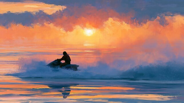 Sunset paints the sea as a lovely girl zooms on her jet ski, sending up a fine mist.