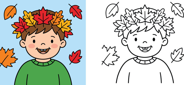 Autumn boy coloring page for kids with color sample, vector cartoon illustration of a happy boy with a crown of fall leaves, educational worksheet activity.