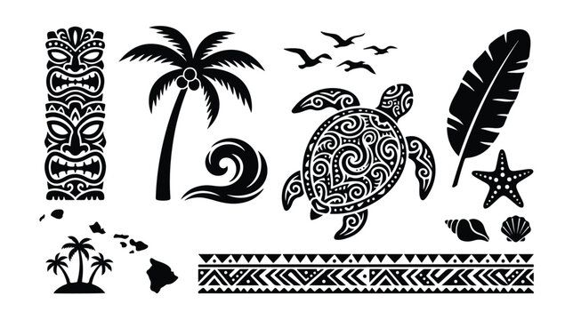 Polynesian tribal tattoo vector set, black Hawaiian cultural symbols with sea turtle and tiki mask, tropical island design elements for summer branding