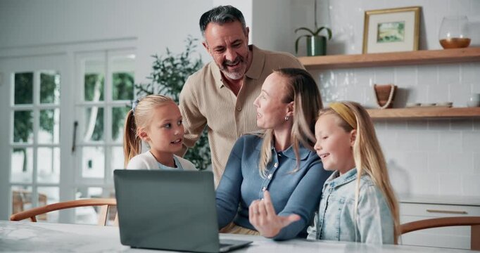 Laptop, smile and family in kitchen for planning holiday, getaway or weekend trip together in home. Conversation, computer and children with parents for booking flights for vacation in house.