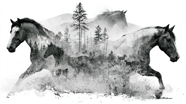 Wild horses are drawn in nature. These unique pictures look like real drawings. The art is separate so you can edit it easily.