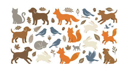 Autumn forest animal silhouettes vector set, rustic woodland pets and wildlife collection, flat fox dog cat and bird icons for fall decor © xantii