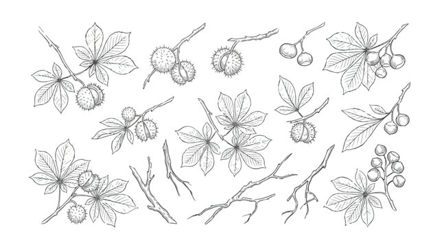Vintage chestnut branch botanical illustrations, hand drawn horse chestnut leaves and seeds set, black and white autumn vector sketches