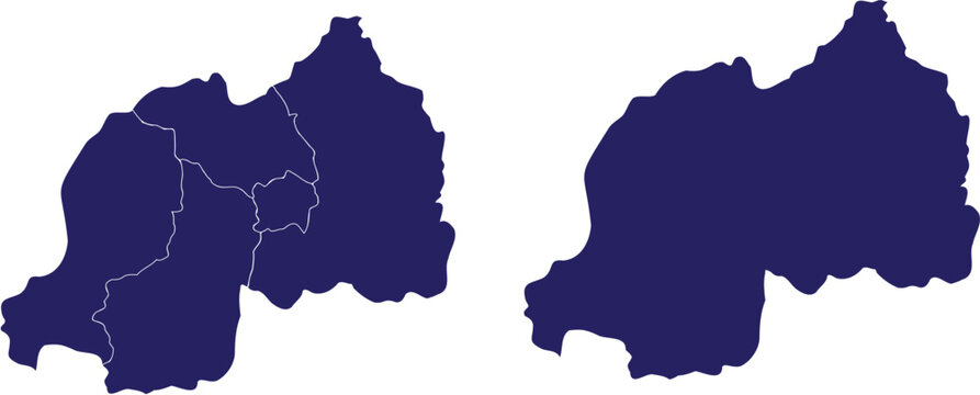 Rwanda Map Set with and without Administrative Borders in Dark Blue Flat Design Isolated on White Background