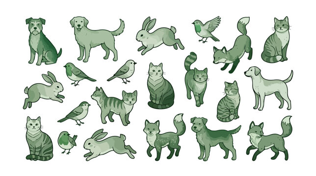 Hand-drawn pet and wildlife animal illustrations, green monochrome aesthetic stickers of cats, dogs, rabbits, foxes and birds, 20 vector icons set