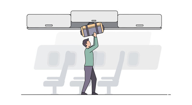 Man stowing luggage in overhead bin on airplane inside cabin
