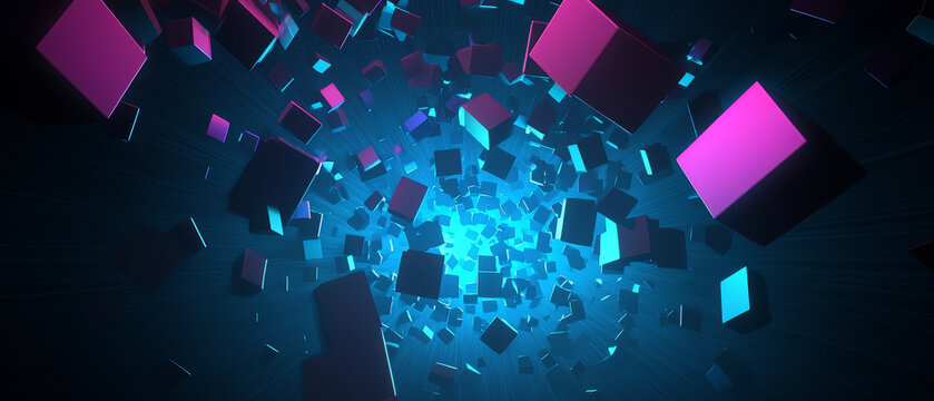 Glowing pink and blue cubes scattering from a radiant core through dark, streaked abstract space