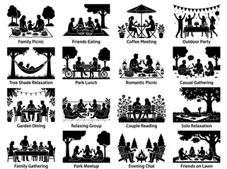 Fototapeta premium Set of people silhouette icons enjoying leisure activities outdoors