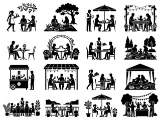 Obraz premium Dining and restaurant social scenes silhouette icons with restaurant