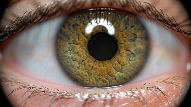 Extreme Close-Up Human Eye Green-Brown Iris. Suitable for eye health examinations, iris recognition technology, beauty makeup tutorials, and human anatomy educational content.