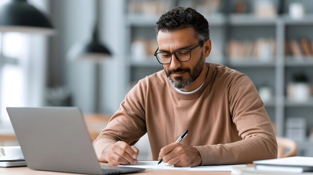 Middle-age European man using laptop computer for business studying, watching virtual webinar training writing notes. Focused young Latin businessman student working in office online, copy space