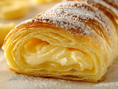 Golden, flaky puff pastry cross-section, revealing creamy yellow filling and powdered sugar dusting