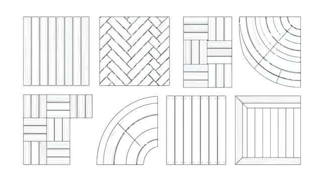 Parquet flooring pattern set with 8 vector icons, wood plank floor textures, herringbone and chevron tiling layout for interior design