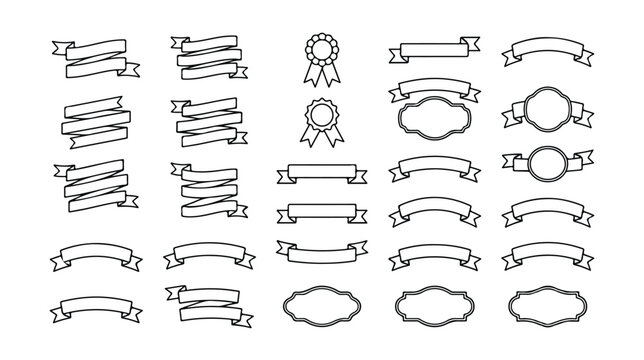 Vintage ribbon banners and outline scrolls set, 25 black and white vector banner elements, decorative award labels and heraldic frames