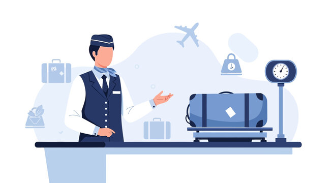 Airport baggage handler weighing luggage before flight, travel concept