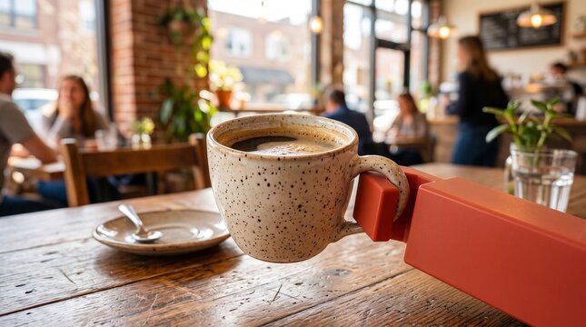A close-up view of a speckled ceramic coffee mug resting on a wooden table in a busy, sunlit cafe with blurred customers in the background.