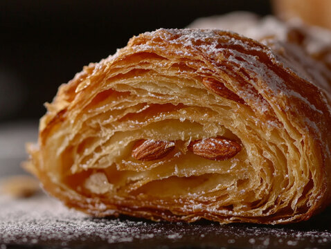 Golden flaky pastry cross-section with layered dough, almonds, and powdered sugar, in a close-up shot