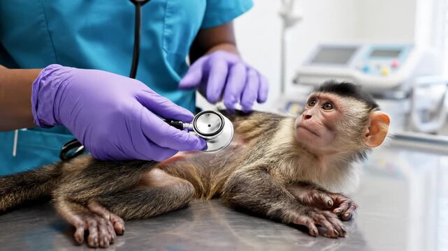 Veterinarian Examining Monkey with Stethoscope. Suitable for exotic animal veterinary care, zoo animal health content, primate medical research, and wildlife conservation education.