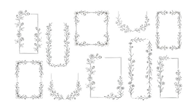 Hand drawn botanical frames set, elegant floral border collection with 10 vector elements, minimalist leaf and flower line art for wedding invitations