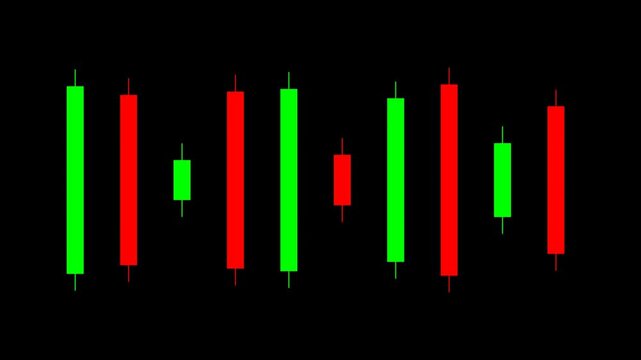 Abstract pattern of red and green Japanese candlesticks on a black background, representing financial market data and trading.