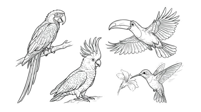 Tropical bird line art collection, hand drawn exotic parrot and toucan vector set, black and white cockatoo and hummingbird illustrations for coloring