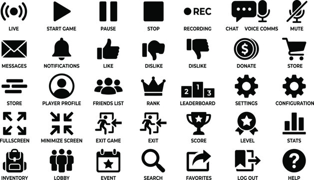 Black Gaming Interface Icon Set featuring Live Stream, Player Profile and Menu Navigation Elements for Game Development, App Design & UI Projects (EPS)