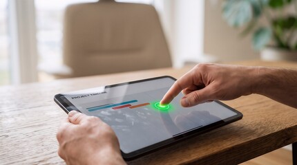 Fototapeta premium Hand pressing button on tablet device to confirm transaction or digital form submission on business dashboard interface with technology business application approval
